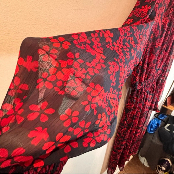 TOMMY HILFIGER Sz L Sheer Shell Puffy Sleeves Elastic Waist Midi Dress Shell - Picture 4 of 10